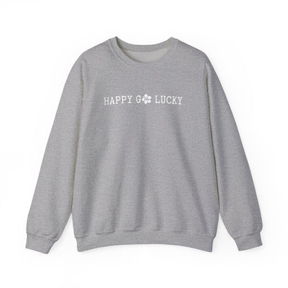 Gray sweatshirt with 'HAPPY GO LUCKY' logo on a white background