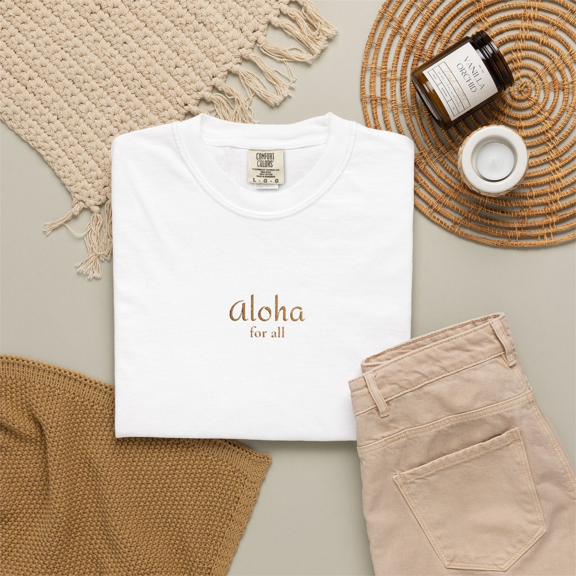 Aloha is for everyone. Our embroidered Comfort Colors tee features an original Aloha for All design on soft, garment-dyed cotton.
