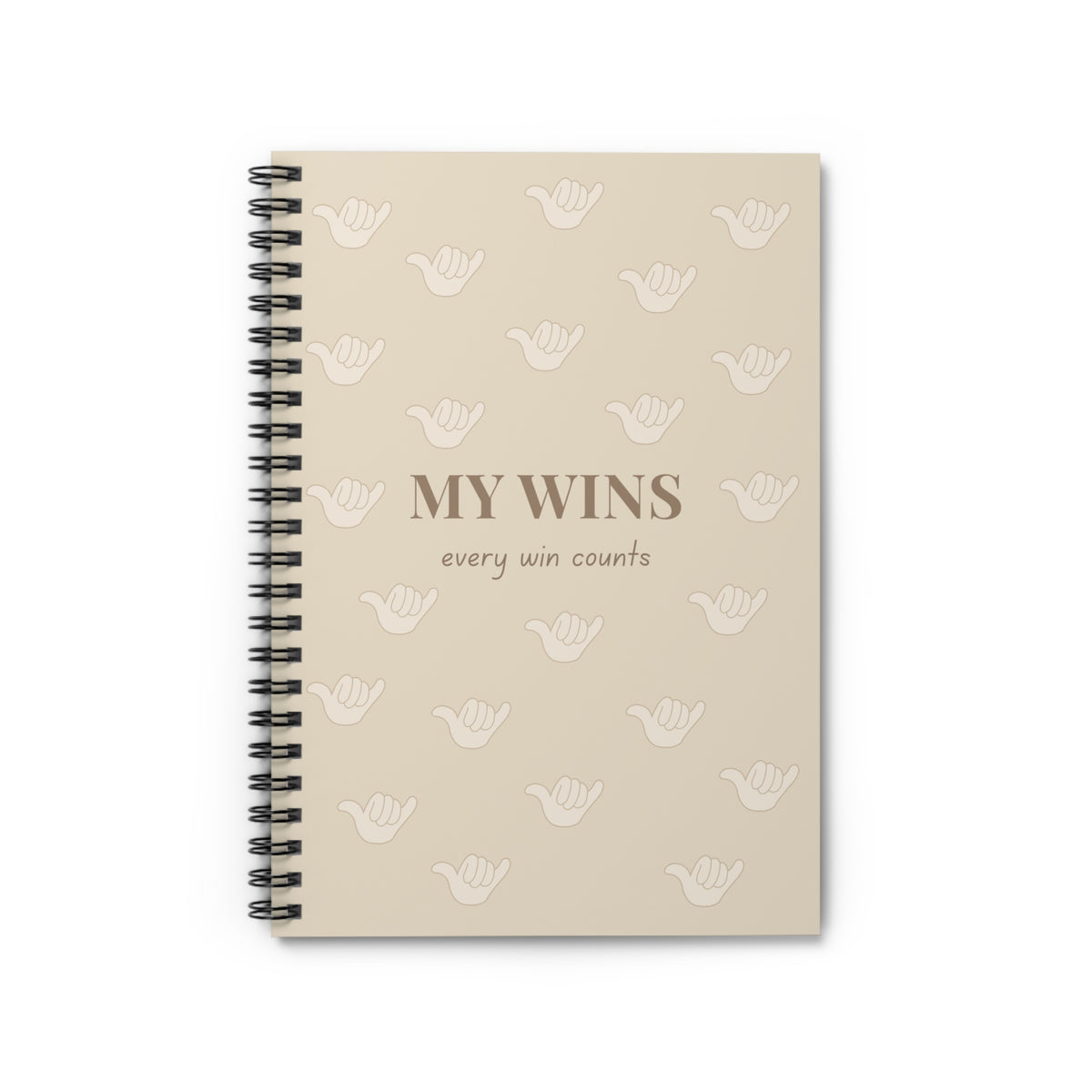 A beige spiral-bound notebook with a black wire binding, featuring the text 'MY WINS every win counts' and a repeating pattern of white shaka icons on the cover, shown against a plain white background.