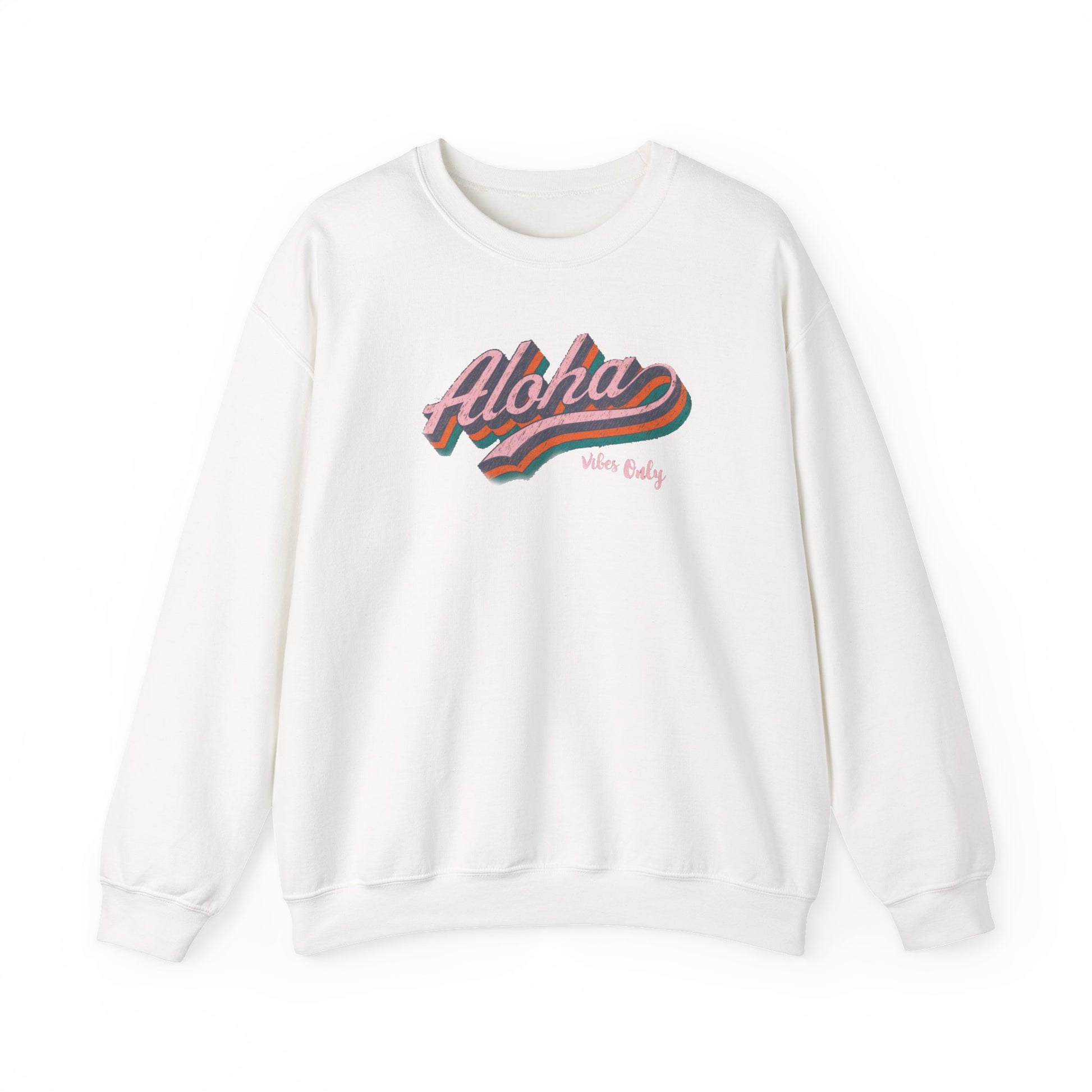 An off-white crewneck sweatshirt featuring a retro-style 'Aloha' graphic with pink, orange, and teal stripes on the chest, displayed against a clean white background.