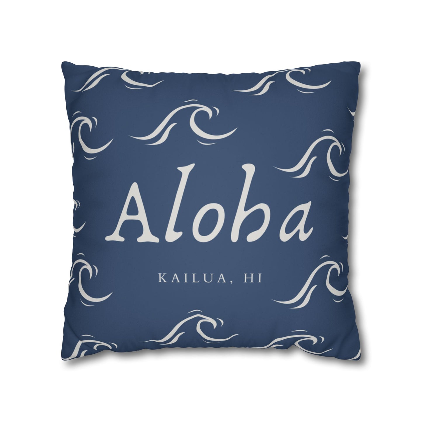 A square throw pillow in navy blue with white wave patterns and the text 'Aloha' and 'KAILUA, HI' printed on the front, shown against a plain white background.