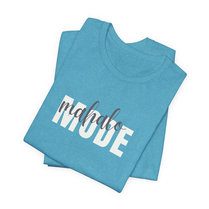 A folded heather blue t-shirt with 'mahalo MODE' printed on the front in white and dark gray script, displayed on a clean white background.