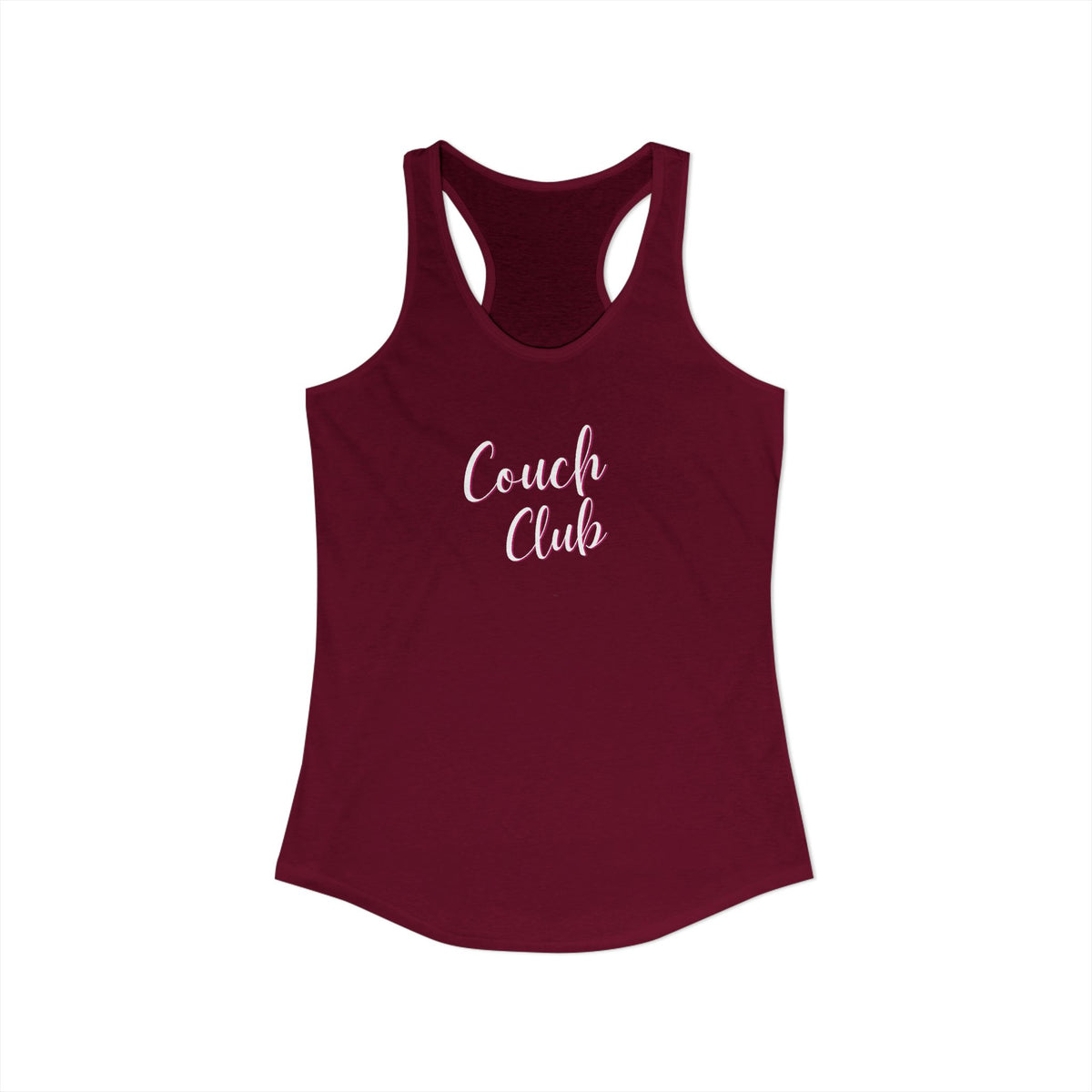 Maroon tank top with 'Couch Club' text on a white background