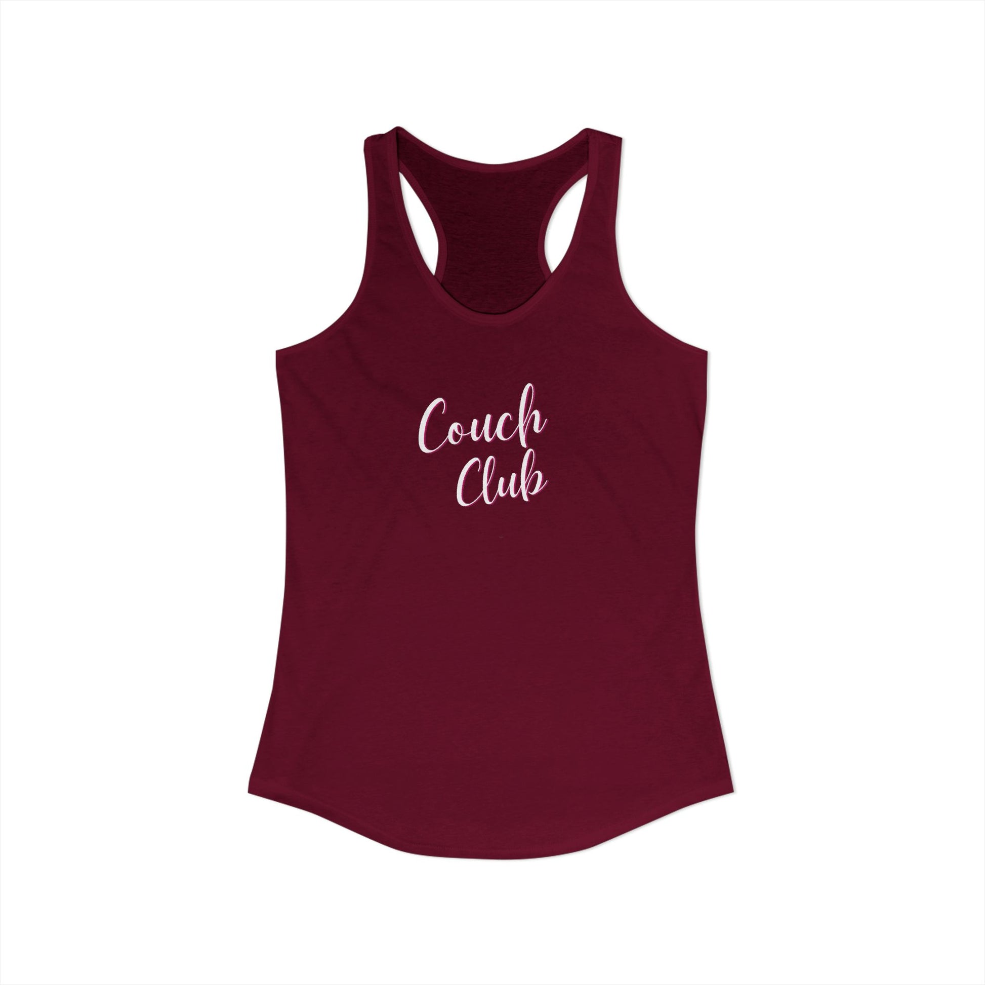 Maroon tank top with 'Couch Club' text on a white background