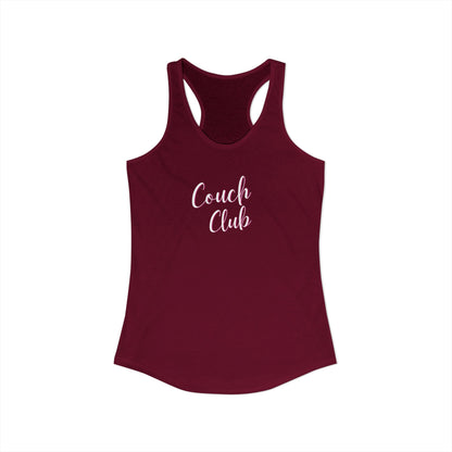 Maroon tank top with 'Couch Club' text on a white background
