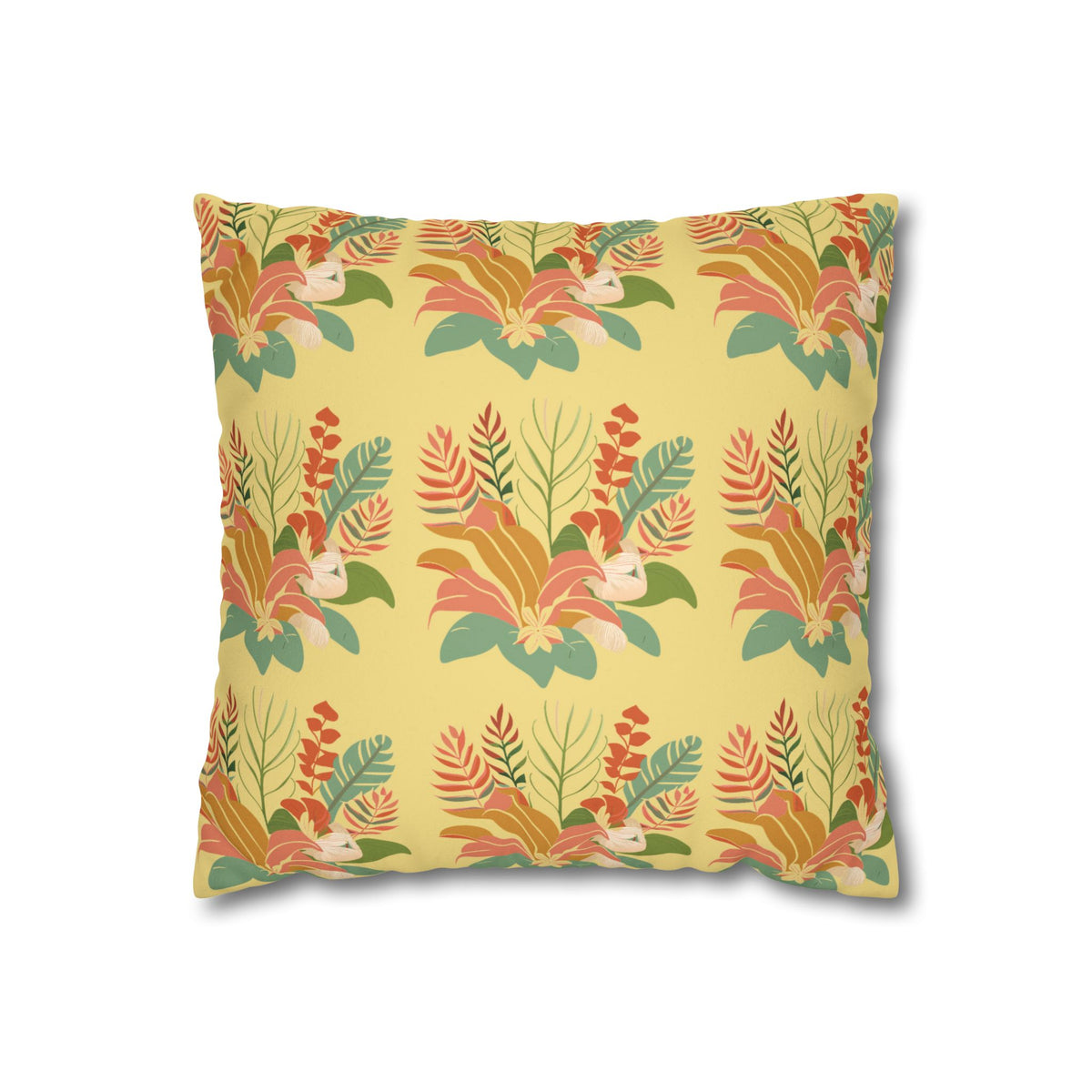 A square throw pillow featuring a retro-style botanical pattern with orange, green, and cream leaves on a pale yellow background, shown against a plain white studio backdrop.