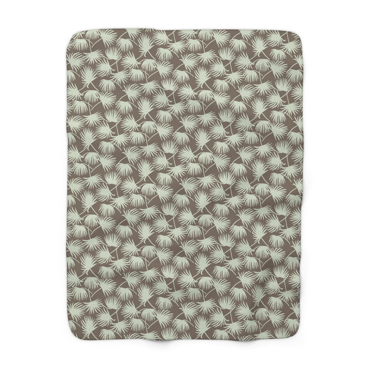 Fan Palm Mocha Mint sherpa fleece blanket with a repeating mint palm leaf pattern on a warm mocha background.