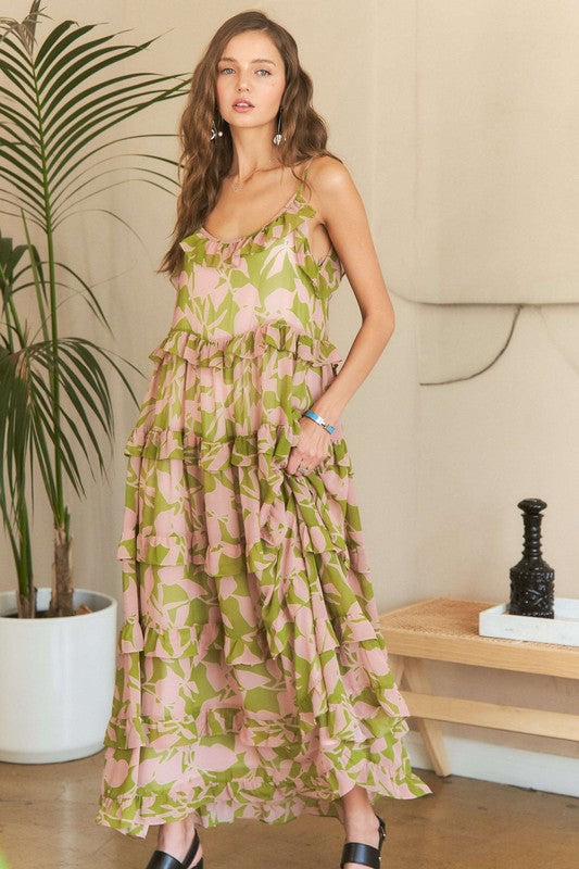 Ruffled Tiered Pink/Sage Floral Maxi Dress