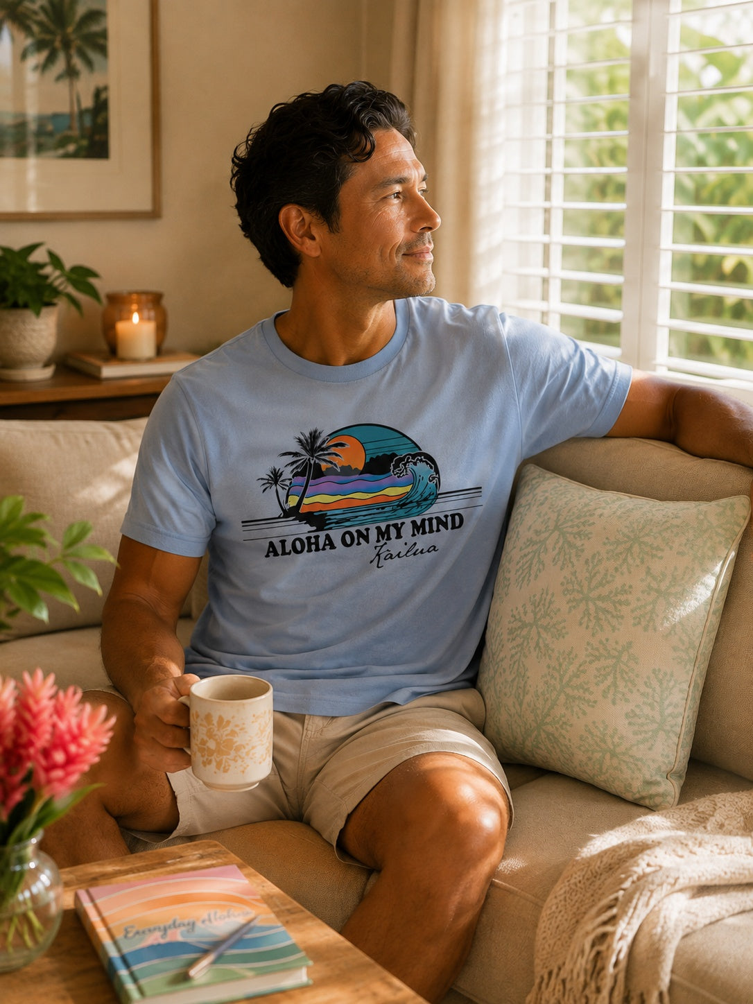 A man sitting on a beige couch in a sunlit living room, wearing a light blue graphic T-shirt with a tropical beach scene and the text 'ALOHA ON MY MIND' and 'Kailua'.