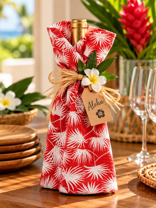 Red palm fan kitchen towel wrapped around a bottle with raffia and tropical flowers as a hostess gift.