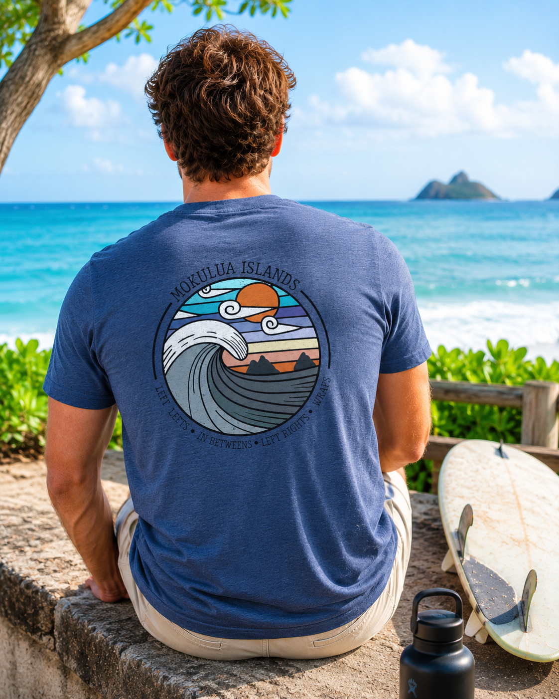 A man sitting on a stone wall with his back to the camera, wearing a blue t-shirt with a circular 'Mokulua Islands' graphic on the back. A surfboard and a black water bottle are resting beside him, with a tropical ocean and island landscape in the background.