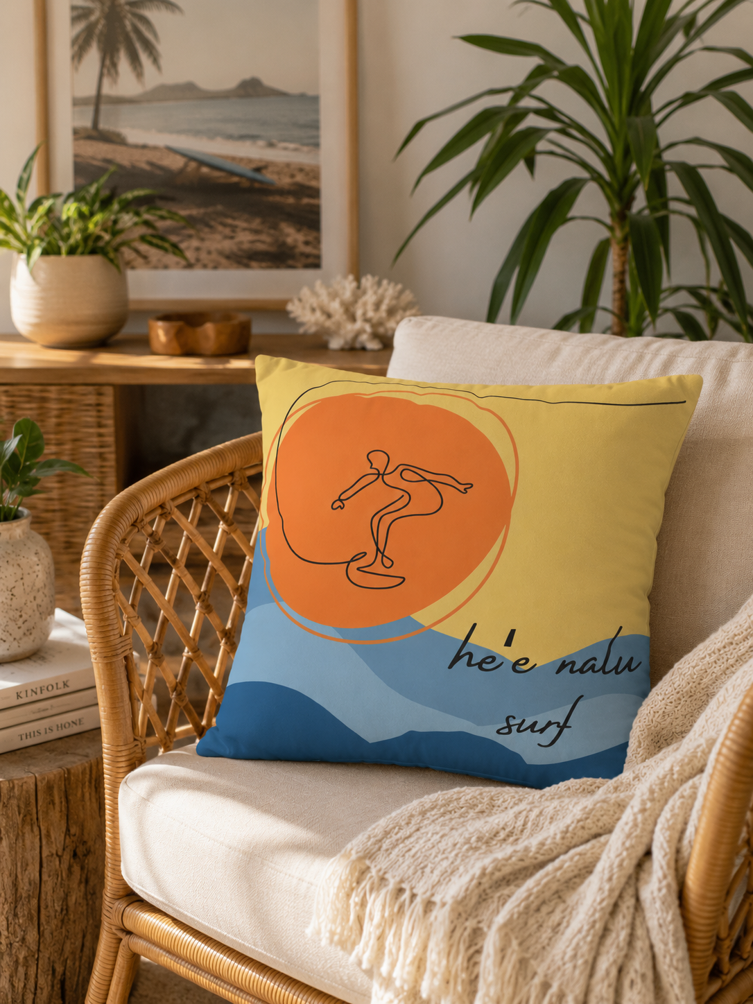 Surf Sketch decorative pillow cover on a rattan chair in a bright coastal-inspired living room.