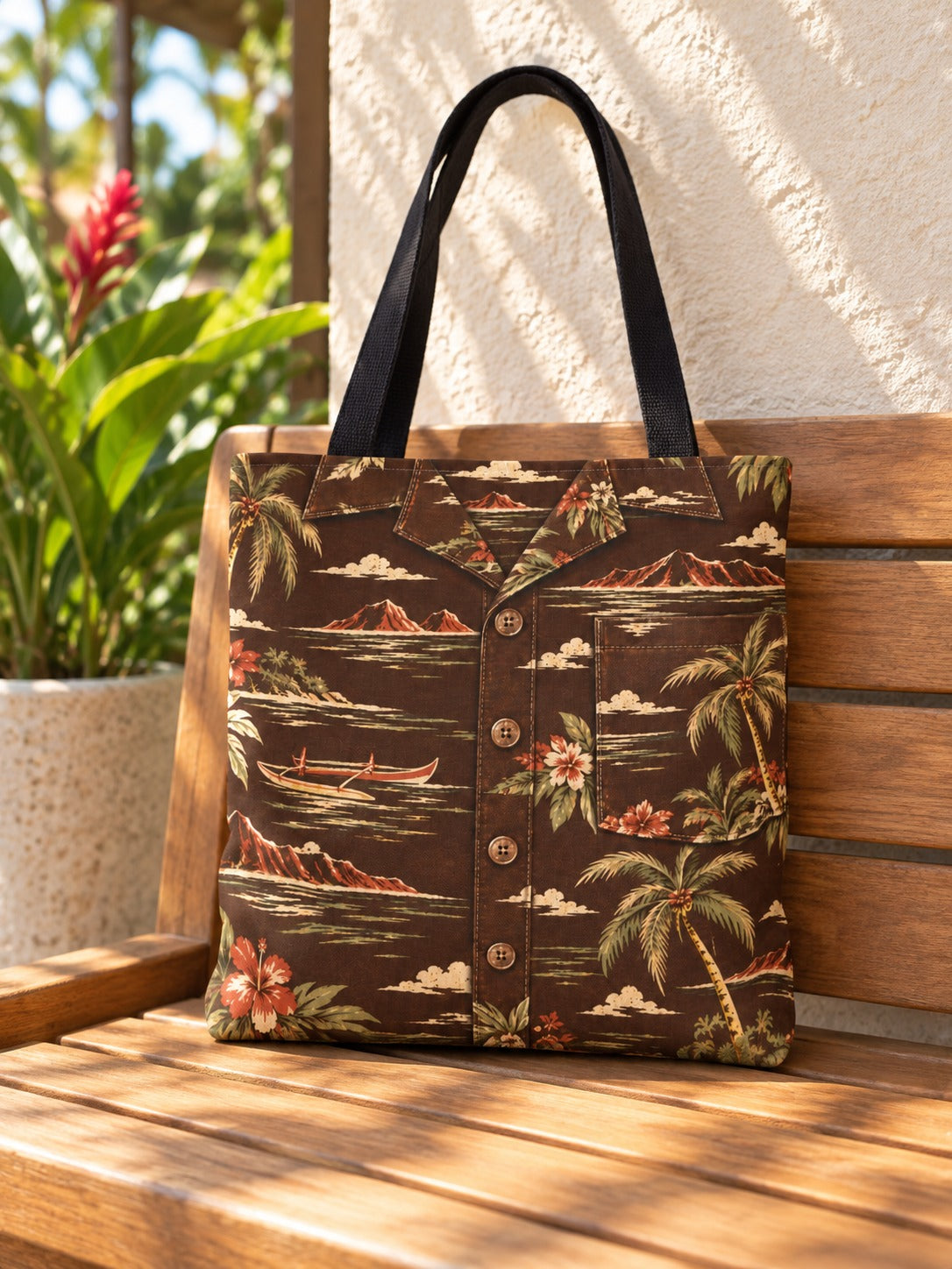 Espresso tote on bench: Espresso brown vintage aloha shirt tote with canoe, palm tree, hibiscus and island print displayed on a sunlit wooden bench.