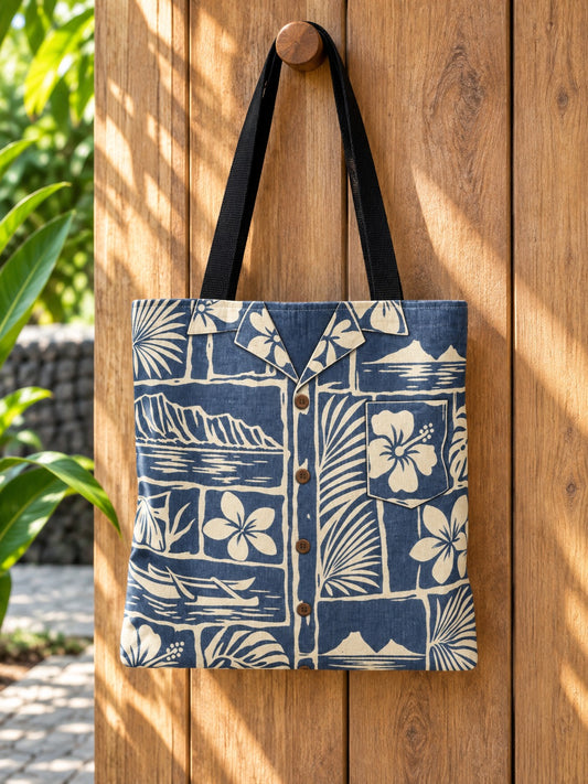 Indigo tote on wood peg: Indigo and cream vintage aloha shirt tote with Hawaiian flowers, canoe and island scenes hanging from an outdoor wooden peg.