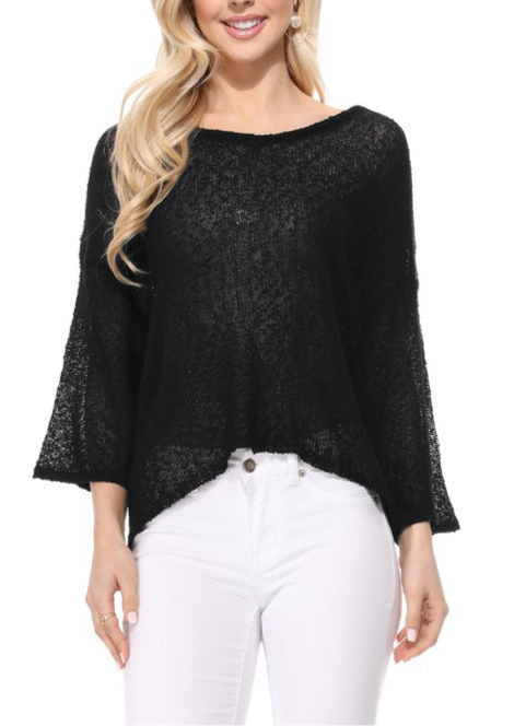 Black Cross-Back Sweater – Scoop Neck & 3/4 Sleeve