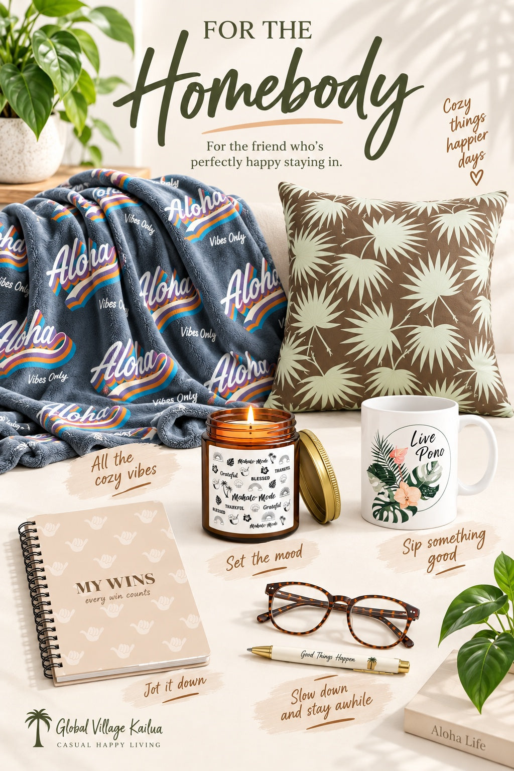 For the Homebody gift guide featuring an Aloha Vibes blanket, tropical pillow, Mahalo Mode candle, Live Pono mug, journal, reading glasses and pen.