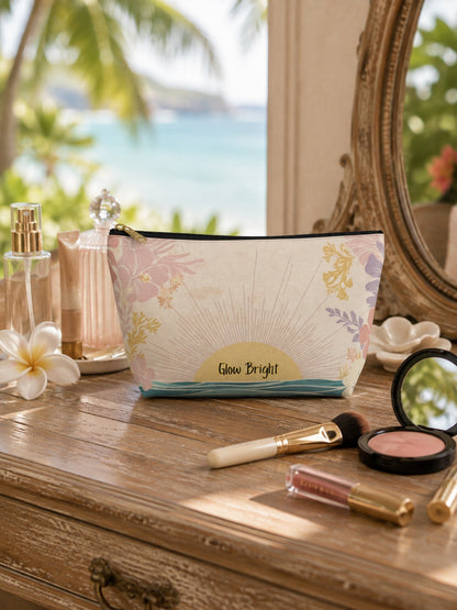 Glow Bright Sunrise T-bottom zip pouch with pastel tropical flowers, sunrise and ocean design