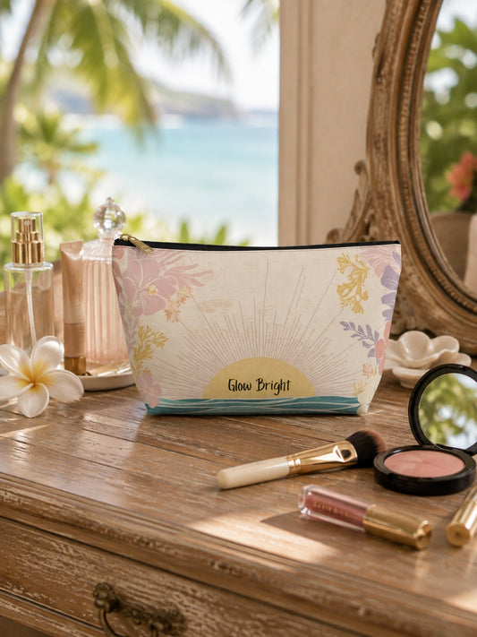 Glow Bright Sunrise T-bottom zip pouch with pastel tropical flowers, sunrise and ocean design