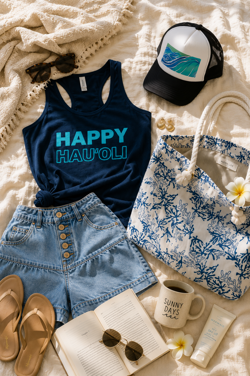 A styled beach-themed flat lay featuring a navy blue tank top with 'HAPPY HAU'OLI' printed in light blue on the front, paired with light blue denim shorts, a blue and white coral print tote bag, a black and white wave trucker hat, sunglasses, a mug, and other summer accessories on a cream blanket.