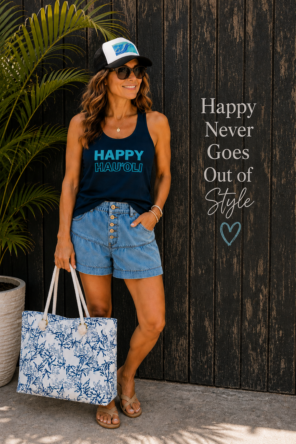 A woman stands against a dark wooden wall wearing a navy tank top with 'HAPPY HAUOLI' printed in light blue and white, denim shorts, a white and blue trucker hat, sunglasses, and holding a blue and white floral tote bag. Text on the right reads 'Happy Never Goes Out of Style'.