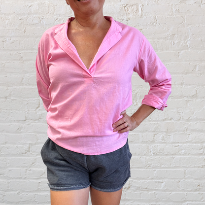 Pink Linen Cotton Long Sleeve Top