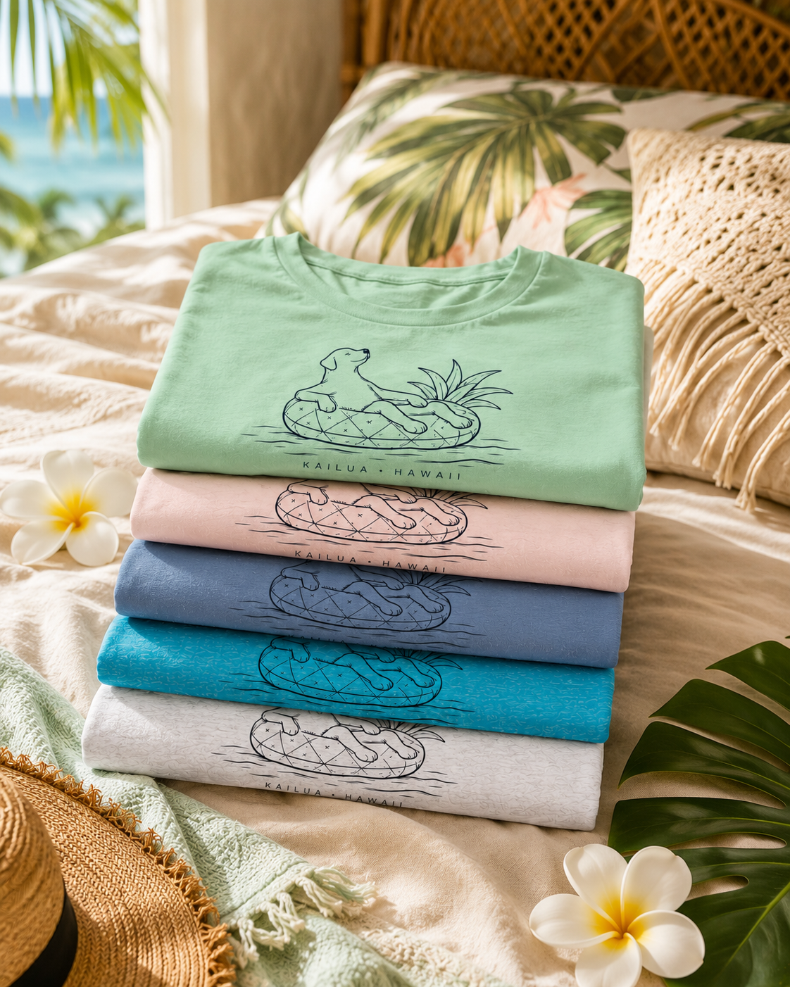 A stack of five folded t-shirts in pastel green, pink, blue, teal, and white, each printed with a black line-art graphic of a dog floating on a pineapple floatie and the text 'KAILUA HAWAII'. The stack is styled on a tropical beach-themed bed with palm leaves, frangipani flowers, and a straw hat.