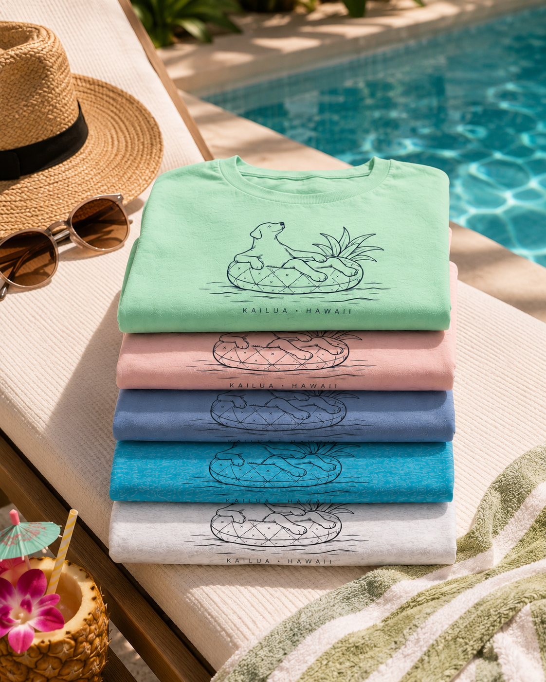 A stack of five folded t-shirts in mint green, pink, blue, teal, and white, each printed with a black line art graphic of a dog on a pineapple floatation ring with the text 'KAILUA - HAWAII'. The stack is placed on a white sun lounger next to a straw hat, sunglasses, and a tropical drink, with a swimming pool in the background.