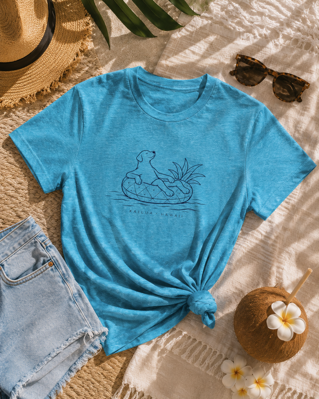 A bright blue heathered t-shirt with a black line art graphic of a dog in a pineapple floatie and the text 'KAILUA HAWAII' underneath. The t-shirt is styled in a flat lay with light-wash denim shorts, a straw hat, sunglasses, a coconut, and plumeria flowers on a textured cream blanket.