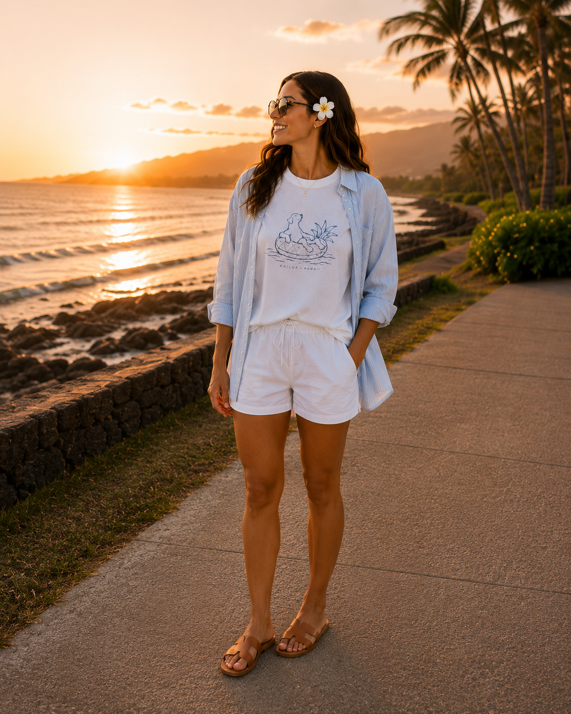 A woman stands on a seaside walkway at sunset wearing a white graphic T-shirt ʻKoa Dog on Pineapple Floatieʻ white shorts, an open light blue button-up shirt, and tan sandals. Palm trees and ocean waves are visible in the background.