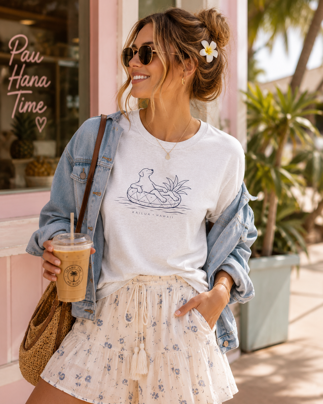 A woman wearing a white graphic t-shirt with a dog on a pineapple floatie and the text 'KAILUA HAWAII', styled with a light blue denim jacket, a cream floral skirt, sunglasses, and a flower hair clip, holding an iced coffee in front of a pink storefront.