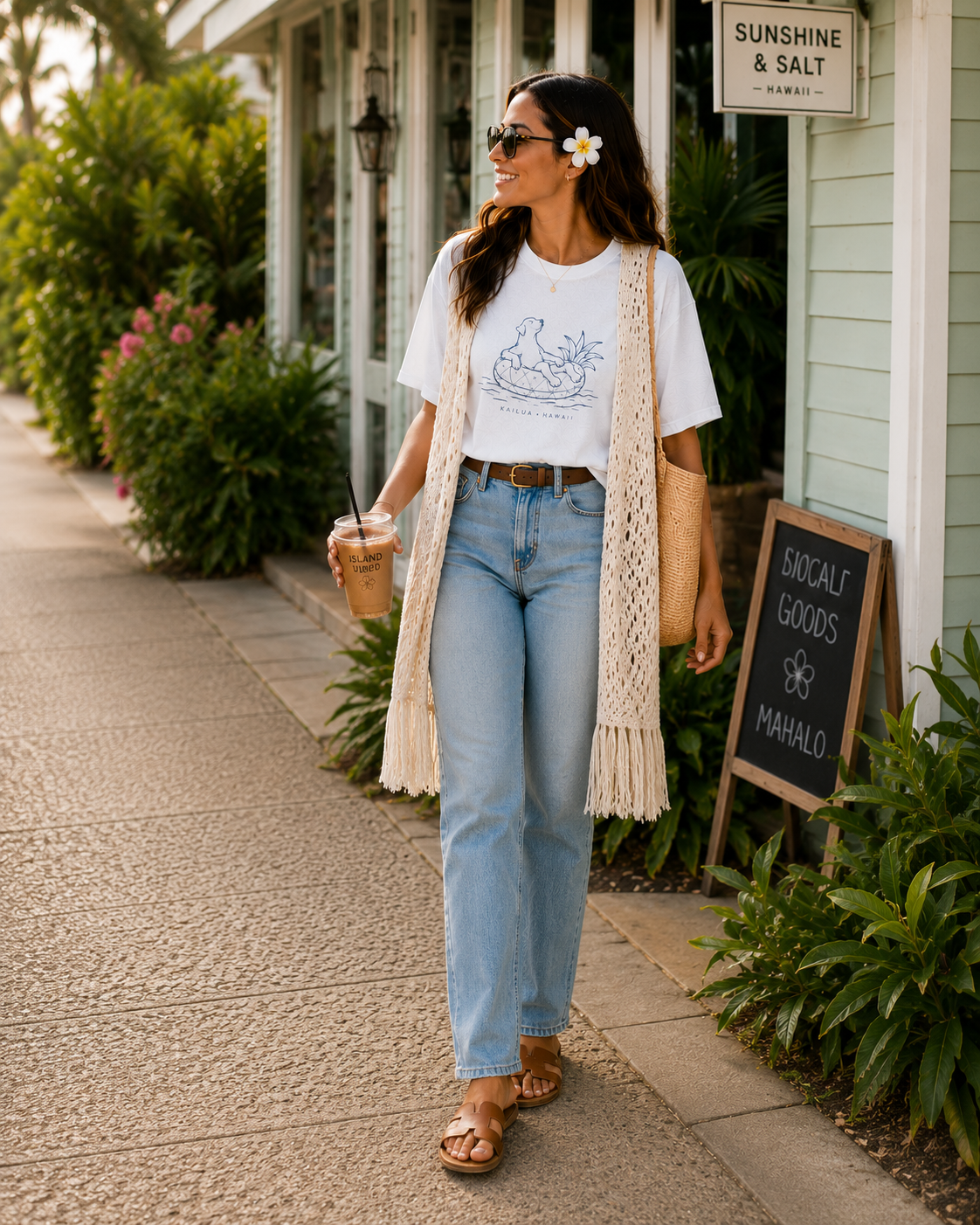 A woman walking outdoors on a sidewalk in front of a shop, wearing a white graphic T-shirt with design of dog on pineapple floatie and text ʻKAILUA HAWAIIʻ,  light blue jeans, a cream crochet cardigan, and brown sandals, while holding an iced coffee.