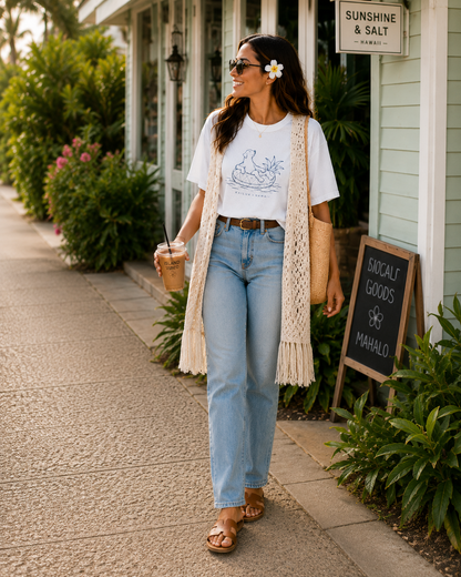 A woman walking outdoors on a sidewalk in front of a shop, wearing a white graphic T-shirt with design of dog on pineapple floatie and text ʻKAILUA HAWAIIʻ,  light blue jeans, a cream crochet cardigan, and brown sandals, while holding an iced coffee.