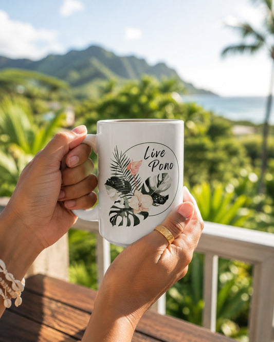 Live Pono tropical flowers ceramic coffee mug with colorful Hawaiʻi-inspired floral design being held in front of a tropical landscape