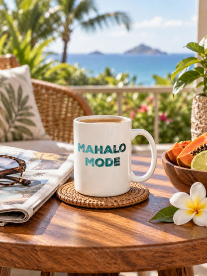 A white ceramic mug with the words 'MAHALO MODE' printed in teal sits on a woven coaster on a wooden table. The mug is styled in a tropical beach setting with a view of the ocean and palm trees in the background.