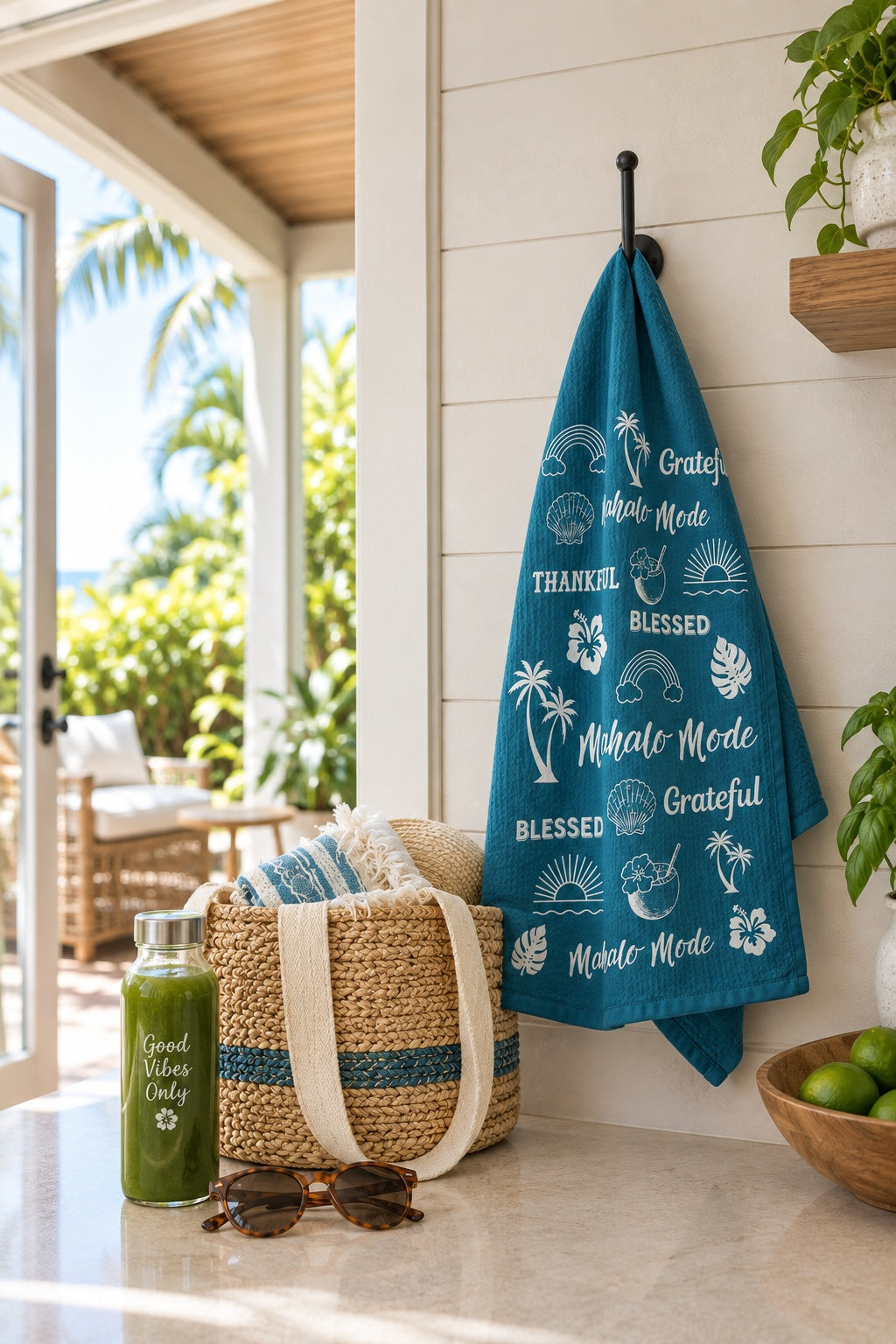 A teal kitchen towel with white tropical beach-themed text and illustrations hangs on a black hook on a white shiplap wall in a bright, sunlit kitchen. A woven straw tote bag, sunglasses, a green drink, and a bowl of limes are styled on the counter below.