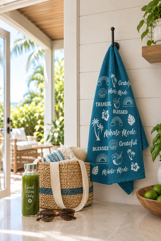 A teal kitchen towel with white tropical beach-themed text and illustrations hangs on a black hook on a white shiplap wall in a bright, sunlit kitchen. A woven straw tote bag, sunglasses, a green drink, and a bowl of limes are styled on the counter below.