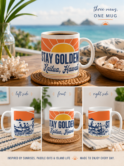 A white ceramic mug with a retro sunset graphic and the text 'STAY GOLDEN Kailua, Hawaii' shown in a beach-themed setting, plus three smaller views below labeled left side, front, and right side.