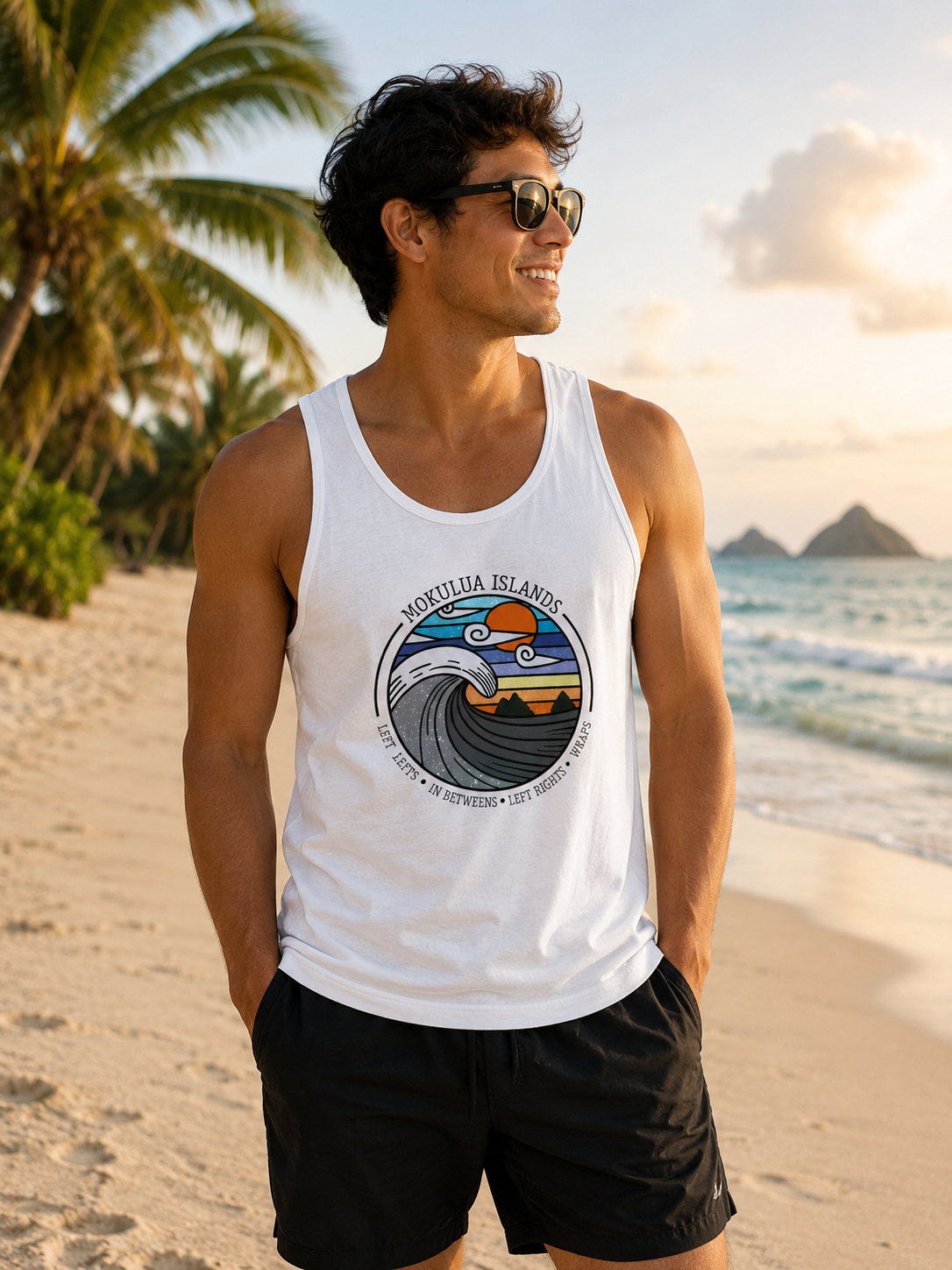 A man wearing a white tank top with a colorful 'Mokulua Island' wave graphic and black shorts, standing on a sandy beach with palm trees and ocean in the background.
