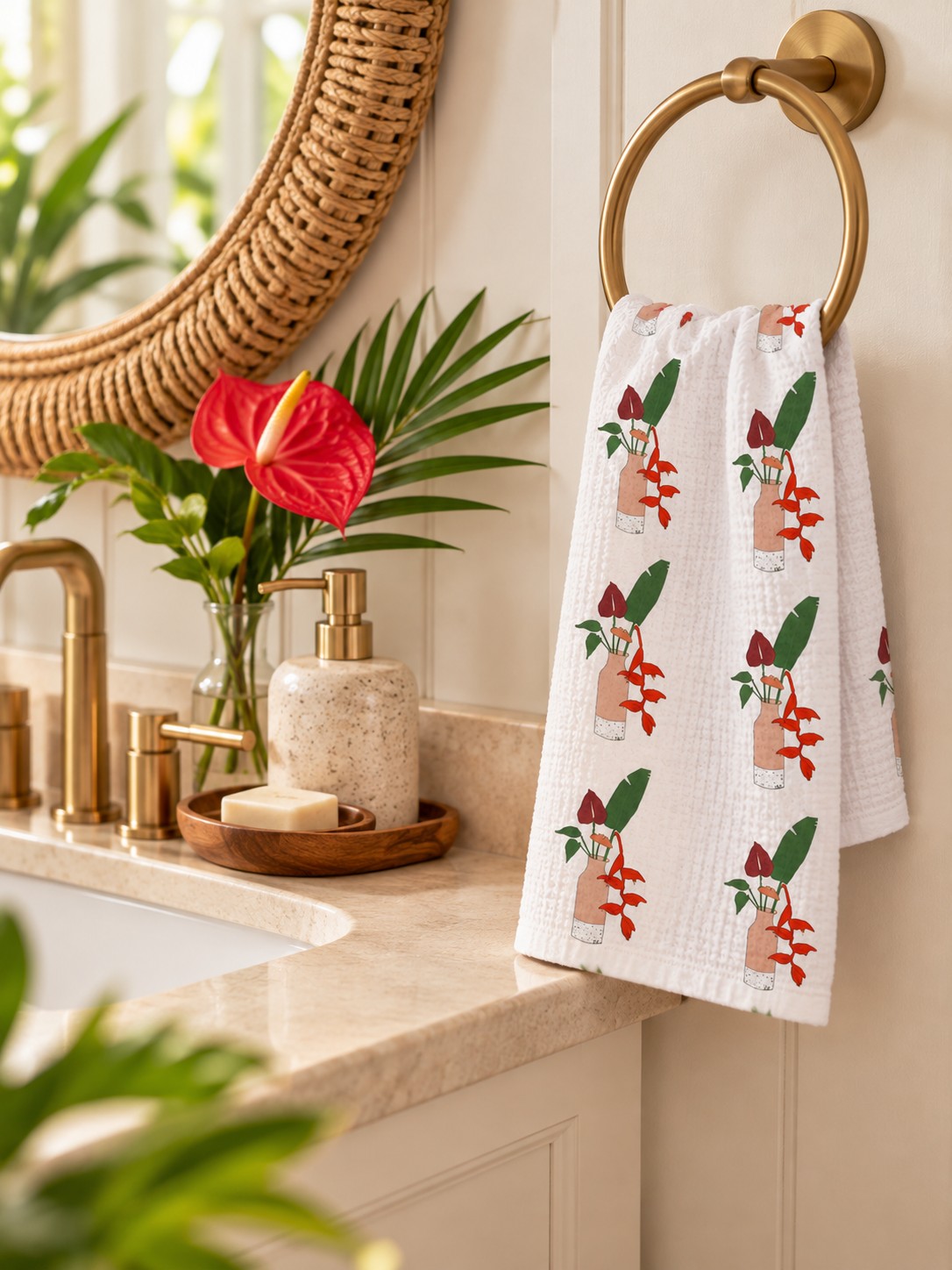 Tropical Floral Guest Towel — Tropical floral kitchen towel hanging beside the sink in an island-inspired guest bathroom.