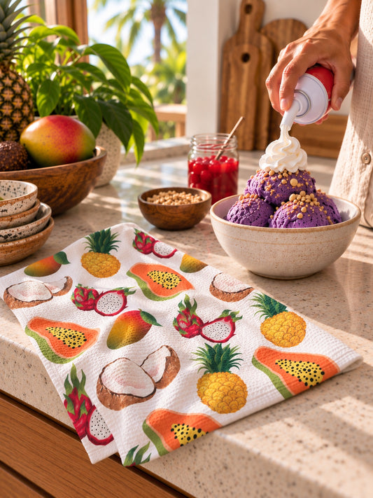 A kitchen scene with a white tea towel printed with colorful tropical fruit illustrations, including pineapple, papaya, dragon fruit, and coconut, laid on a countertop. A hand is spraying whipped cream onto purple ice cream in a bowl nearby, with fruit, bowls, and plants in the background.