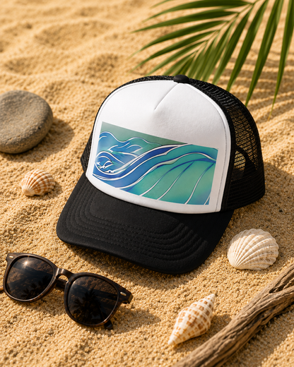 Black and white cap with wave design on sand with sunglasses and shells