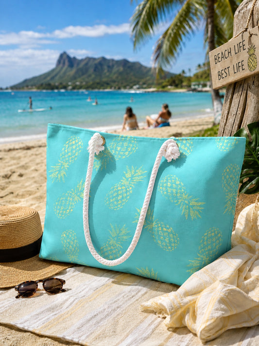 A turquoise tote bag with a light yellow pineapple pattern and white rope handles, displayed on a beach blanket with a straw hat, sunglasses, and a cream cloth, set against a tropical beach background with a mountain and palm trees.