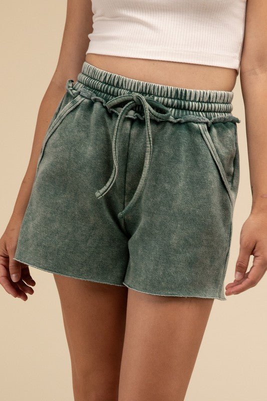 Acid Wash Fleece Drawstring Shorts with Pockets - Global Village Kailua Boutique