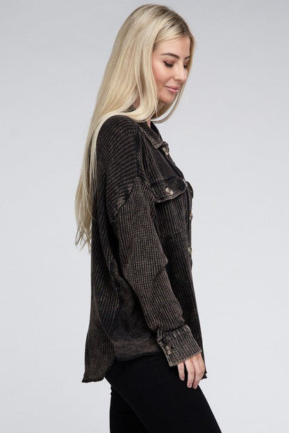 Acid Wash Oversized Cotton Waffle Shacket - Global Village Kailua Boutique