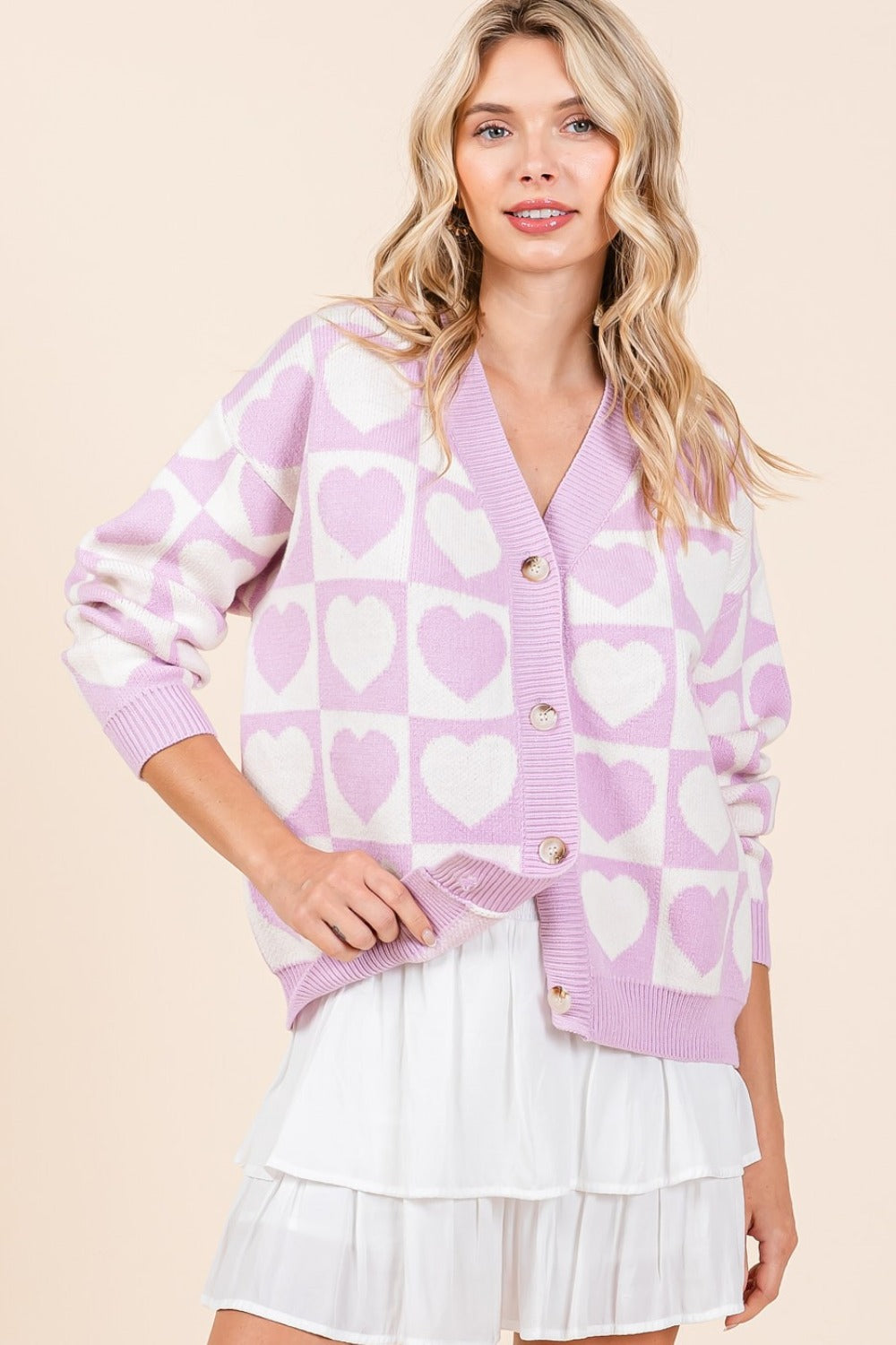 Lilac Checkered Heart Button Down Cardigan