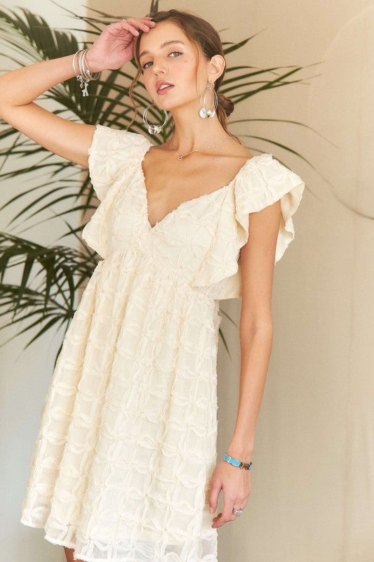 Ivory Tie Back V-Neck Ruffle Sleeve Dress