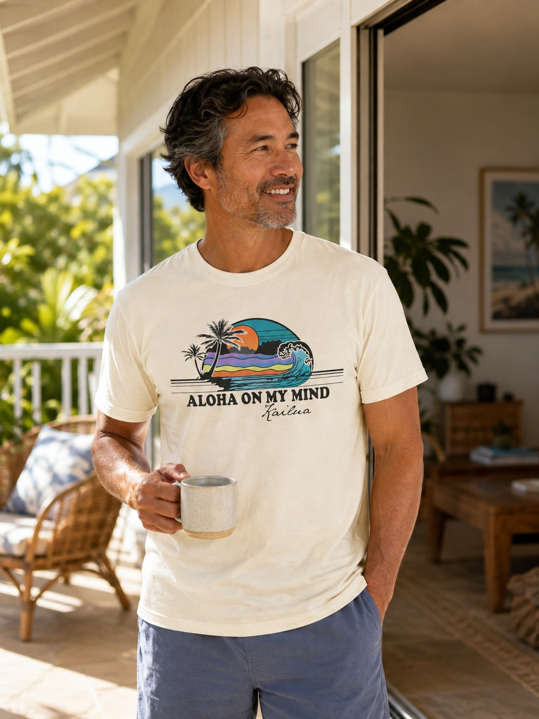 A man wearing a cream-colored graphic t-shirt with a tropical beach design and the text 'ALOHA ON MY MIND Kailua' stands on a sunny porch holding a metal mug.