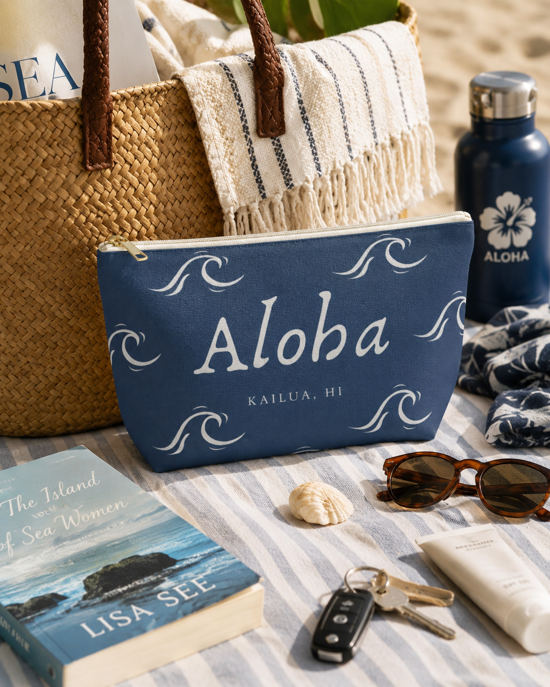 Aloha Wave T-Bottom Zip Pouch displayed with beach essentials on a striped towel beside a woven tote at the beach.