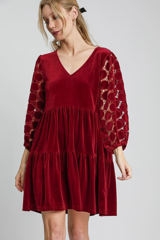 Dotted Lace Sleeve Tiered Velvet Mini Dress Red