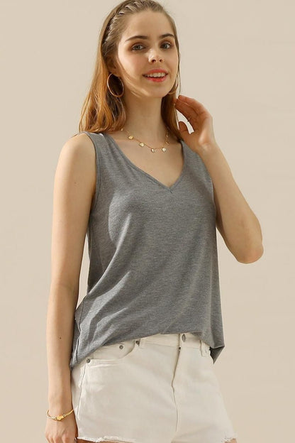 Basic V - Neck Curved Hem Tank - Global Village Kailua Boutique